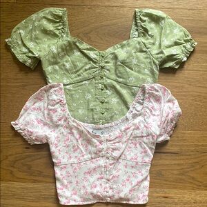 Floral Puff Sleeve Tops - Green and Pink